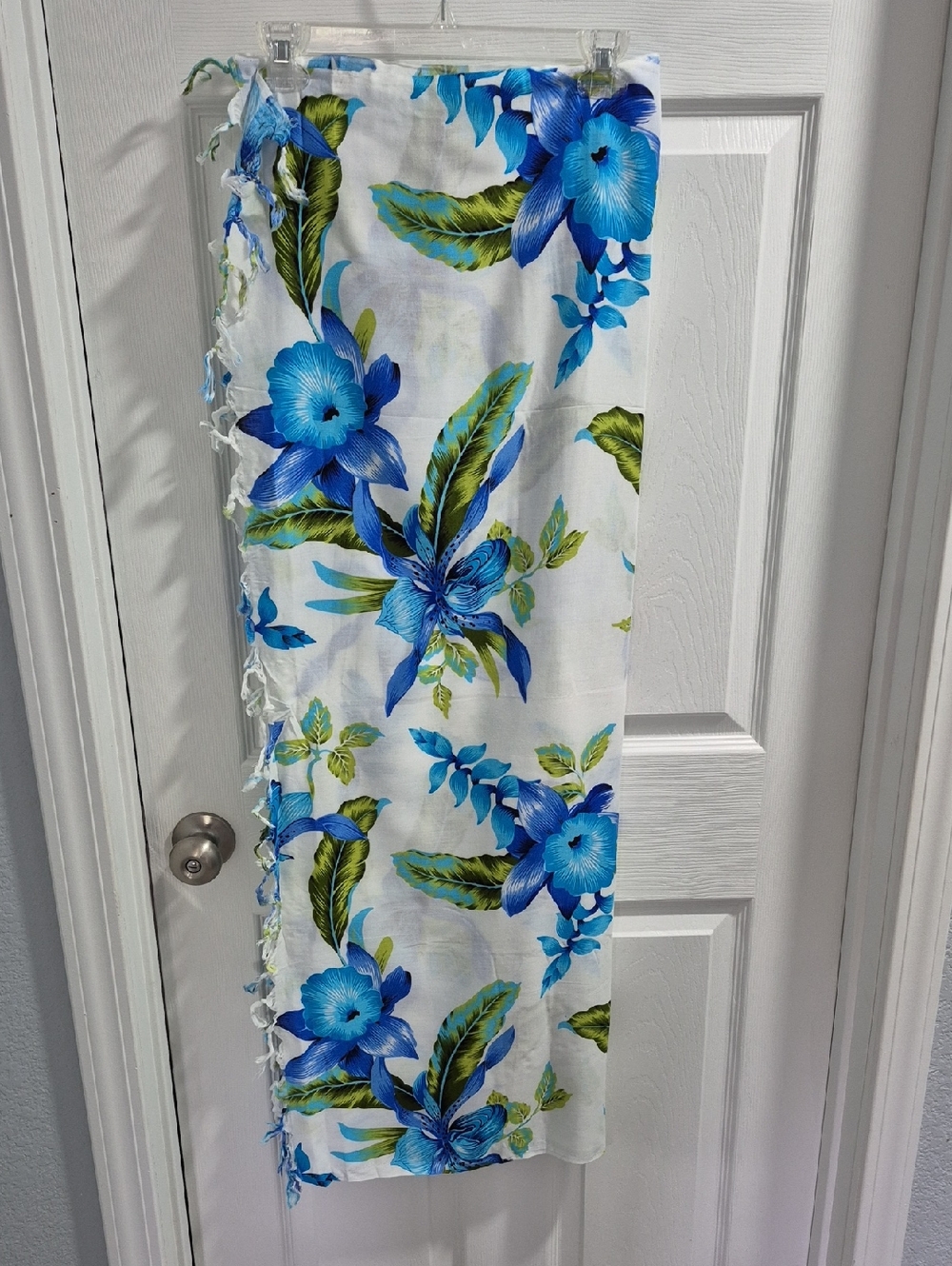 White Swim Coverup with Blue Floral Print